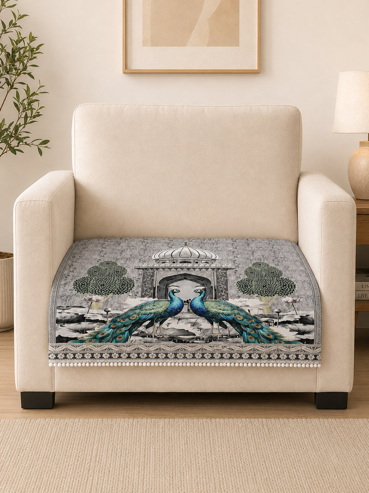 Suede Velvet Sofa Mat 1 Seater | Royal Peacock - Silver Pearl