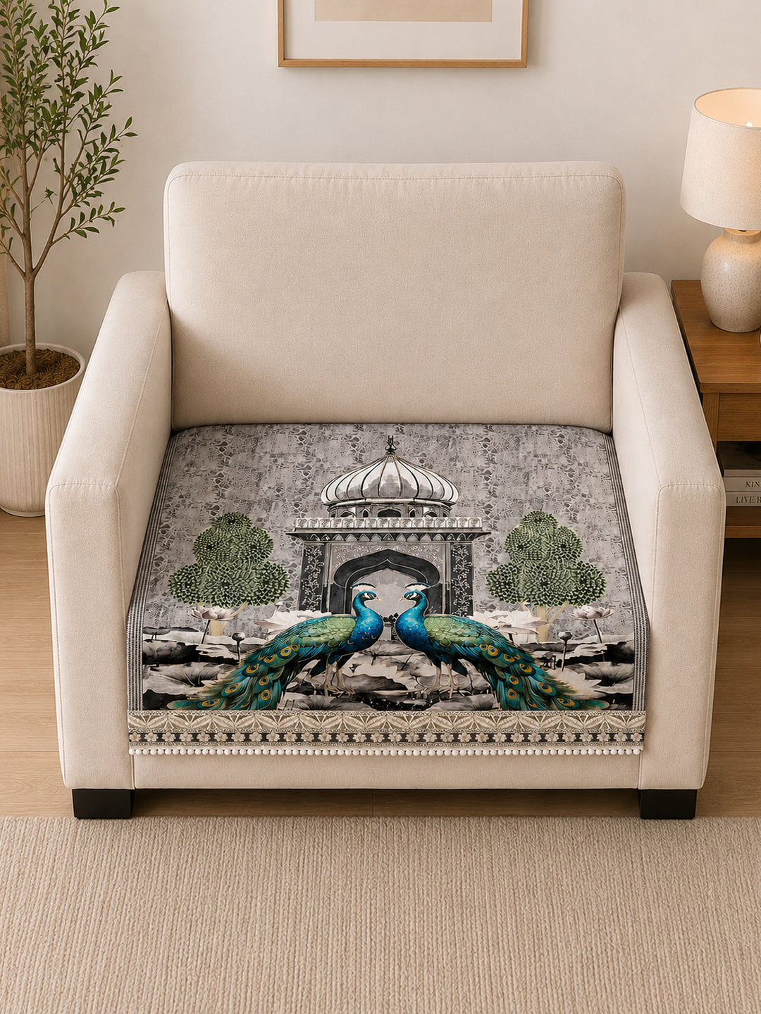 Suede Velvet Sofa Mat 1 Seater | Royal Peacock - Silver Pearl