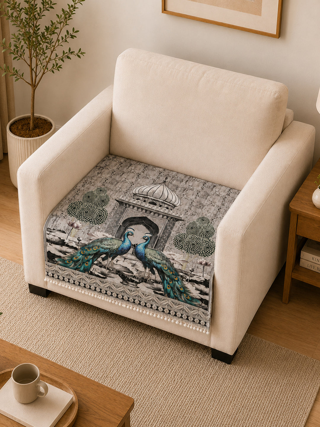 Suede Velvet Sofa Mat 1 Seater | Royal Peacock - Silver Pearl