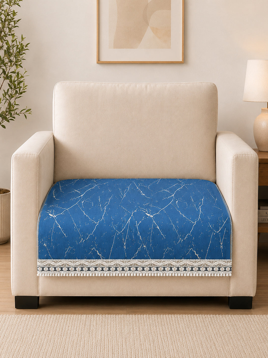 Suede Velvet Sofa Mat 1 Seater | Marble Luxe - Sapphire Blue