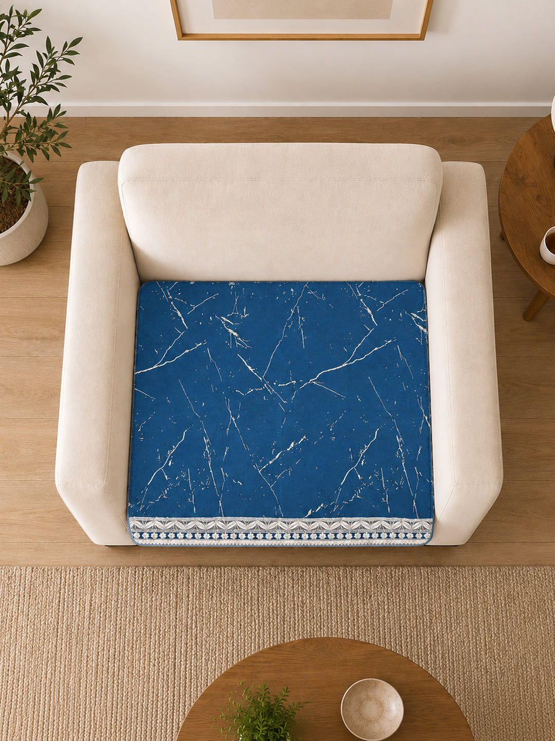 Suede Velvet Sofa Mat 1 Seater | Marble Luxe - Sapphire Blue