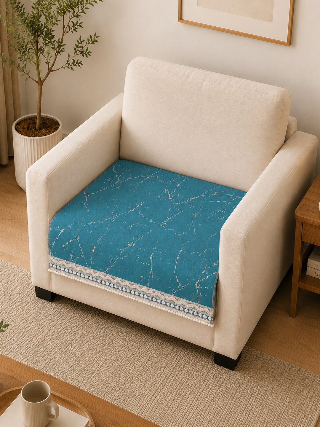Suede Velvet Sofa Mat 1 Seater | Marble Luxe - Aqua Blue