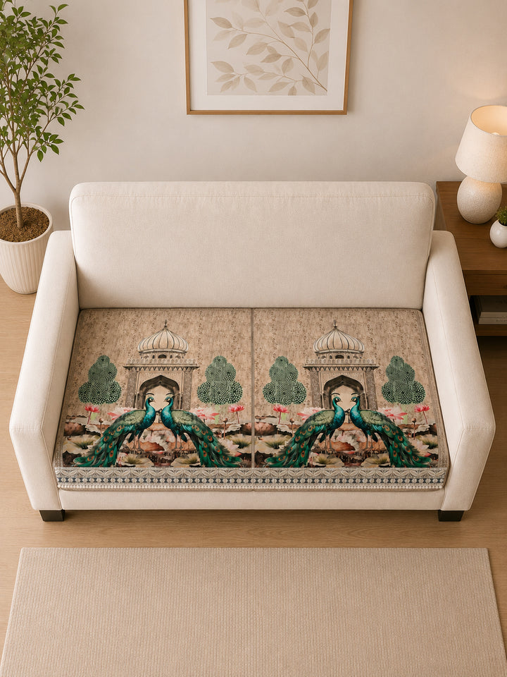 Suede Velvet Sofa Mat 2 Seater | Royal Peacock - Ivory Beige