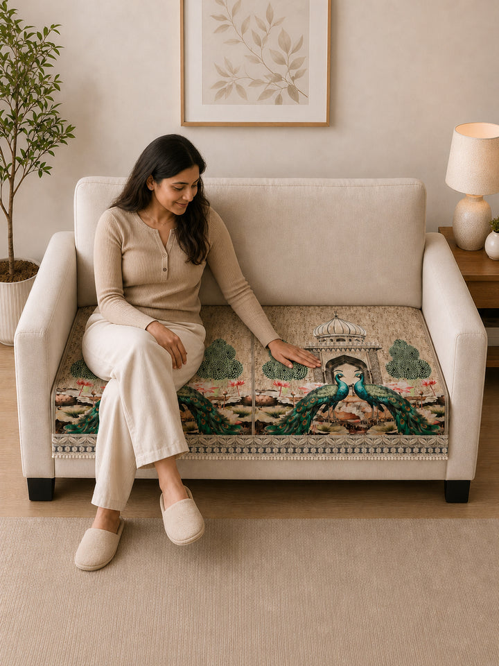 Suede Velvet Sofa Mat 2 Seater | Royal Peacock - Ivory Beige