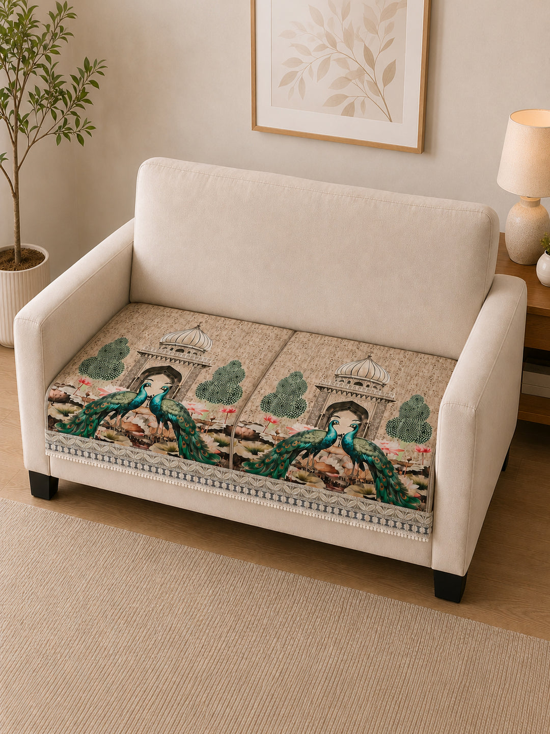 Suede Velvet Sofa Mat 2 Seater | Royal Peacock - Ivory Beige