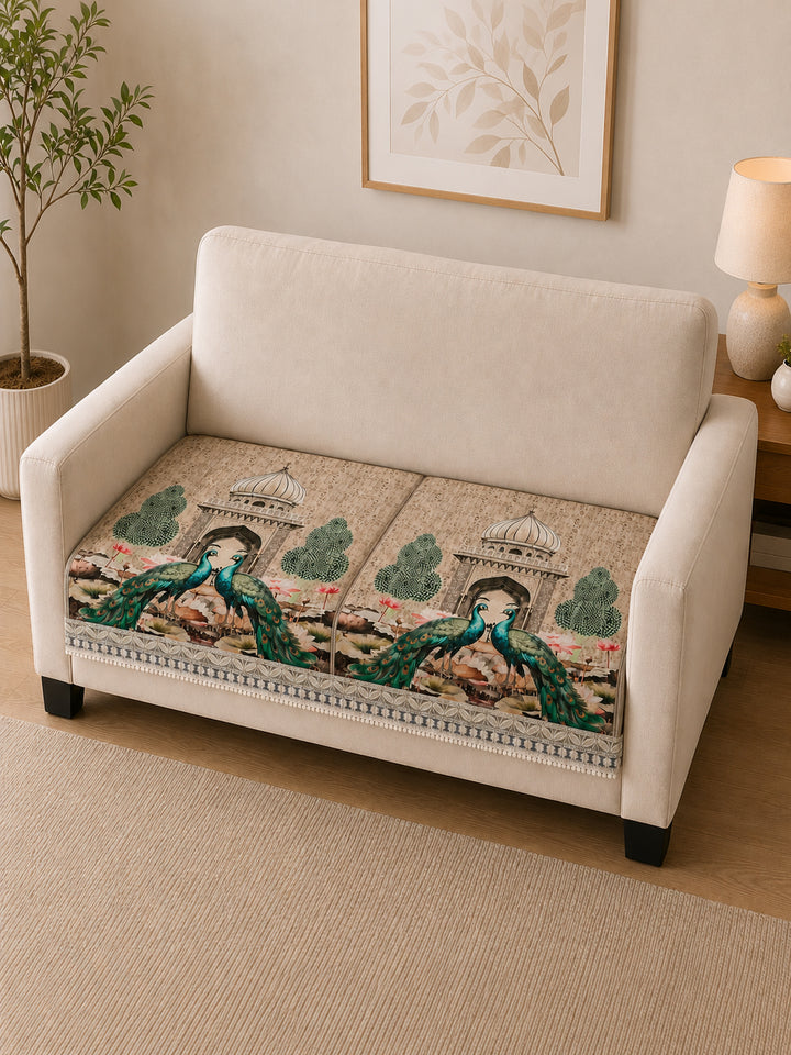Suede Velvet Sofa Mat 2 Seater | Royal Peacock - Ivory Beige