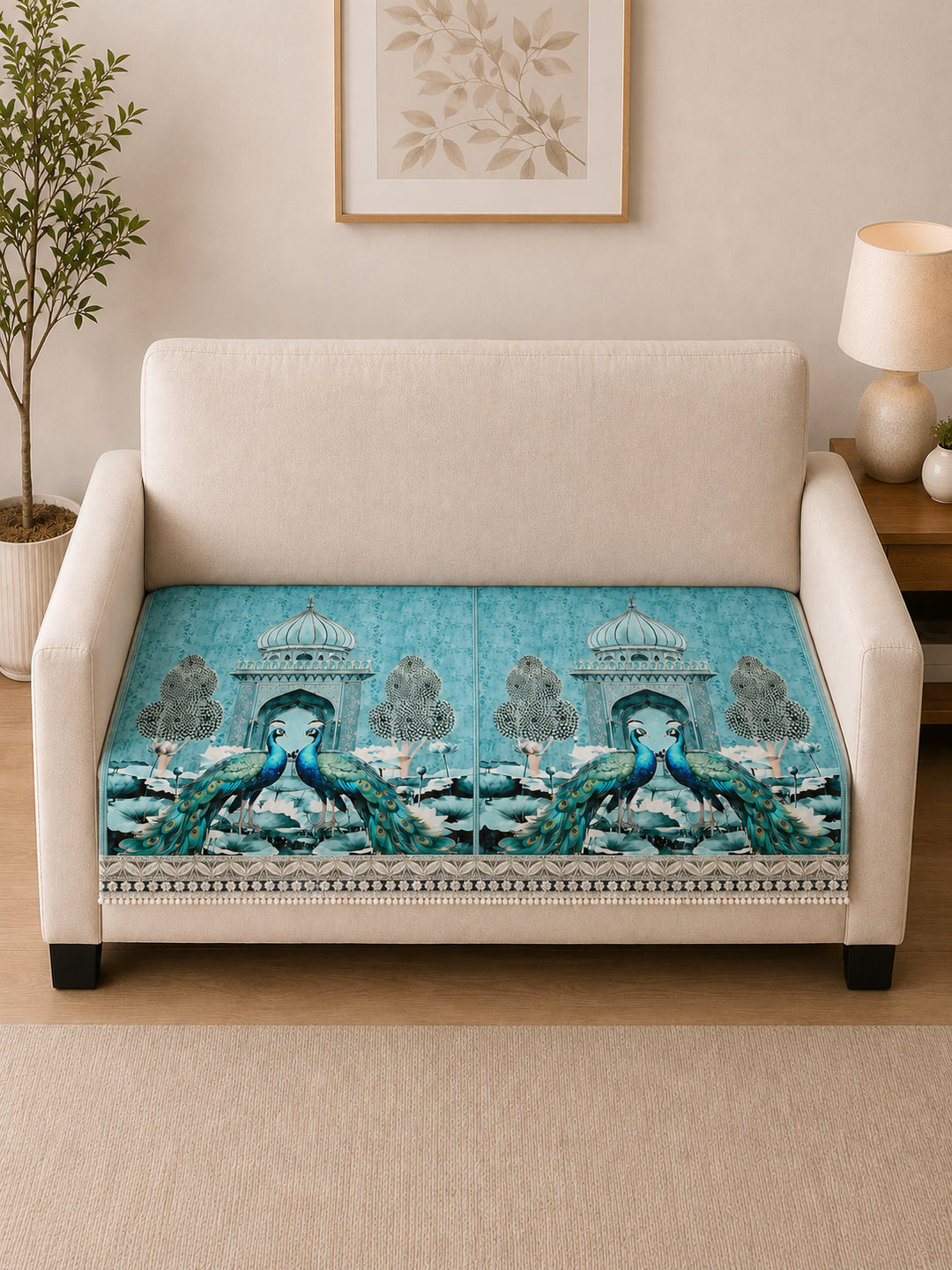 Suede Velvet Sofa Mat 2 Seater | Royal Peacock - Aqua Mist
