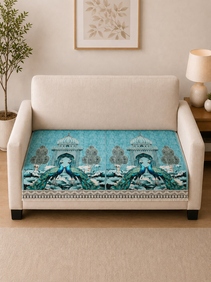 Suede Velvet Sofa Mat 2 Seater | Royal Peacock - Aqua Mist