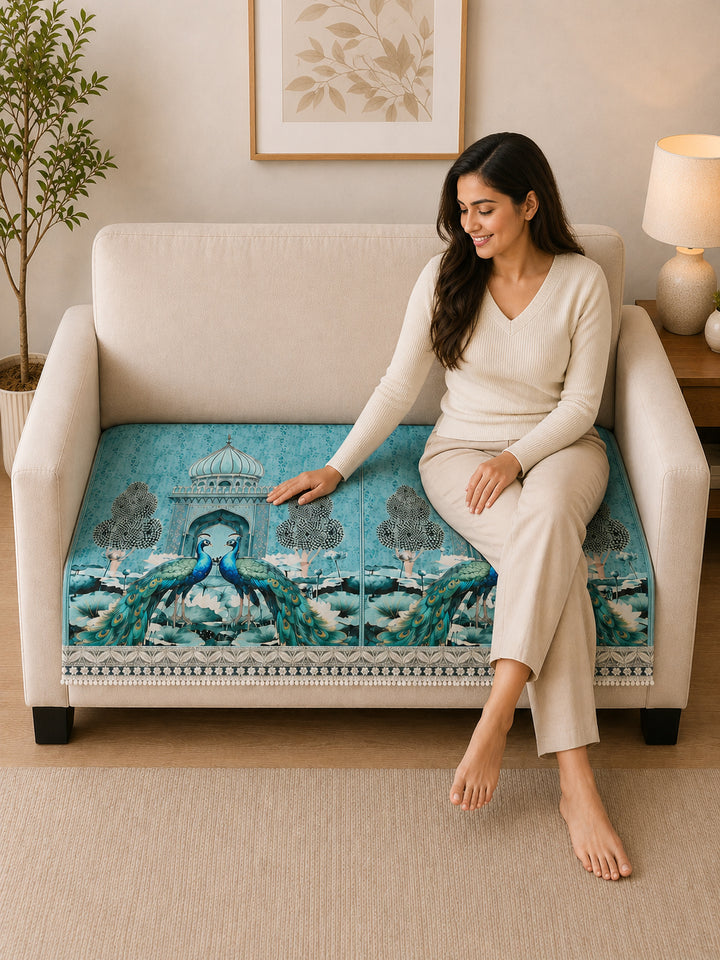 Suede Velvet Sofa Mat 2 Seater | Royal Peacock - Aqua Mist