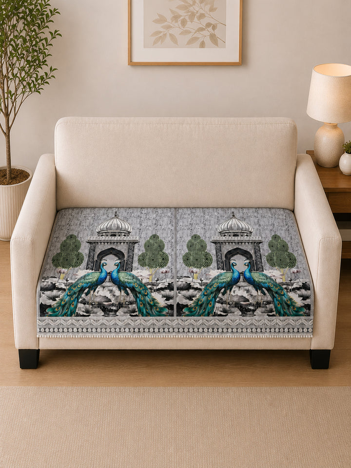 Suede Velvet Sofa Mat 2 Seater | Royal Peacock - Silver Pearl
