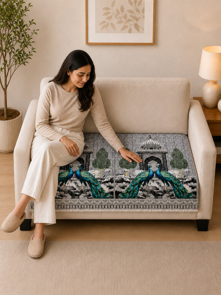 Suede Velvet Sofa Mat 2 Seater | Royal Peacock - Silver Pearl