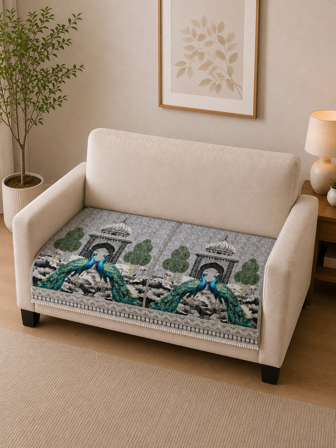 Suede Velvet Sofa Mat 2 Seater | Royal Peacock - Silver Pearl