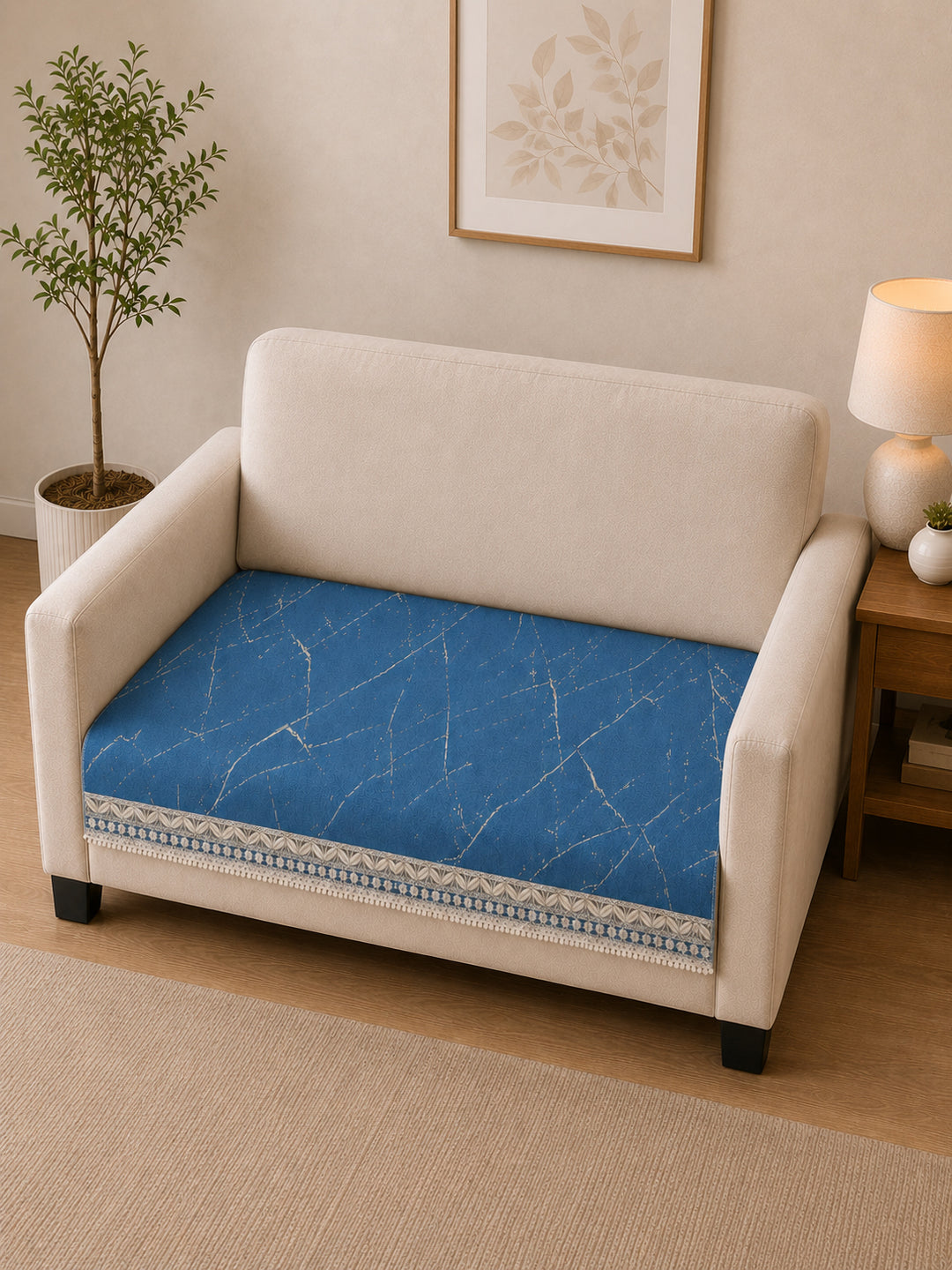 Suede Velvet Sofa Mat 2 Seater | Marble Luxe - Sapphire Blue