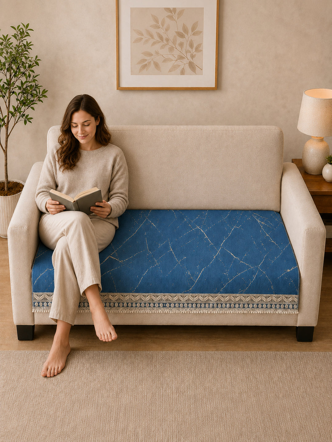 Suede Velvet Sofa Mat 2 Seater | Marble Luxe - Sapphire Blue