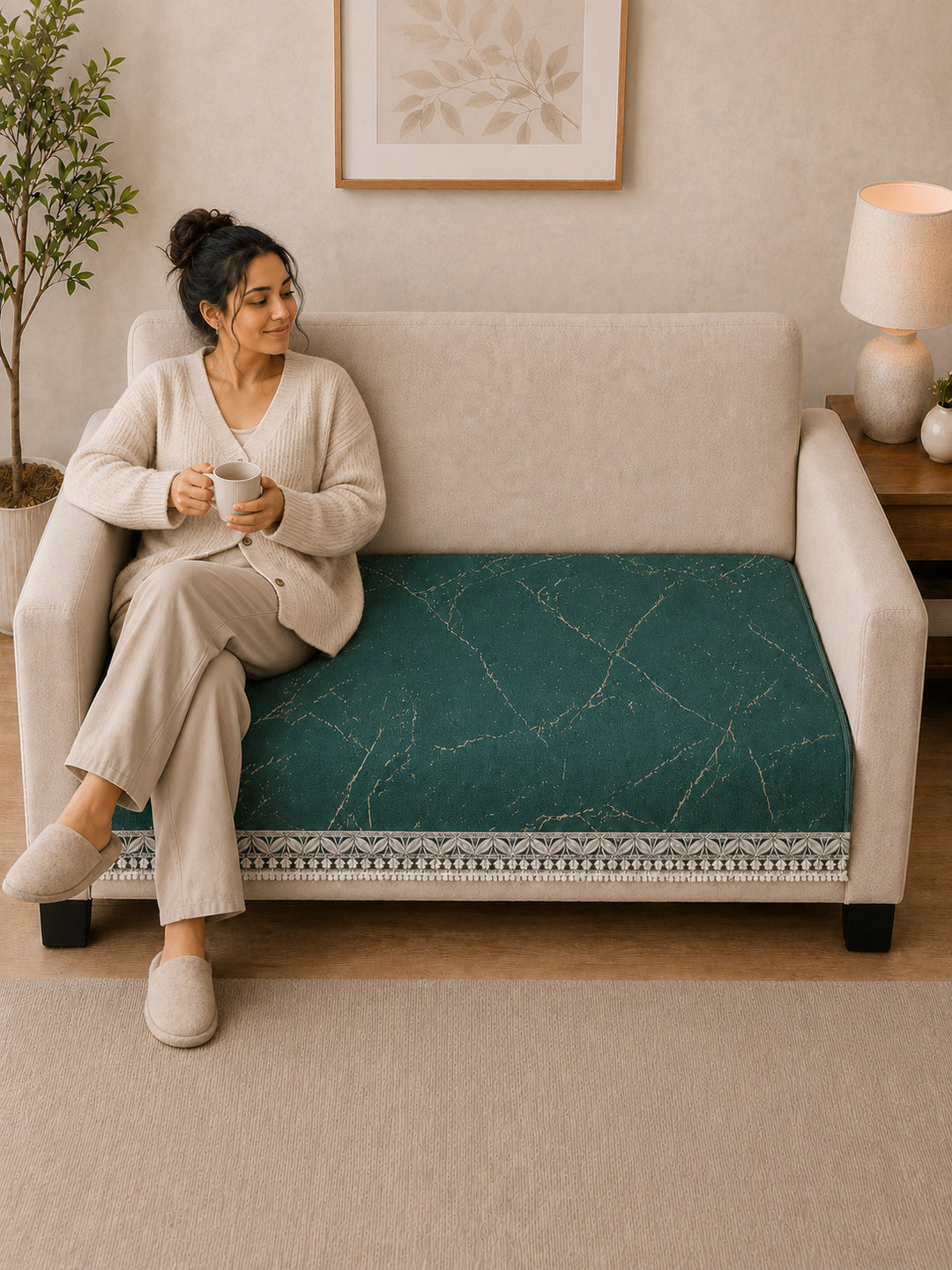 Suede Velvet Sofa Mat 2 Seater | Marble Luxe - Emerald Green