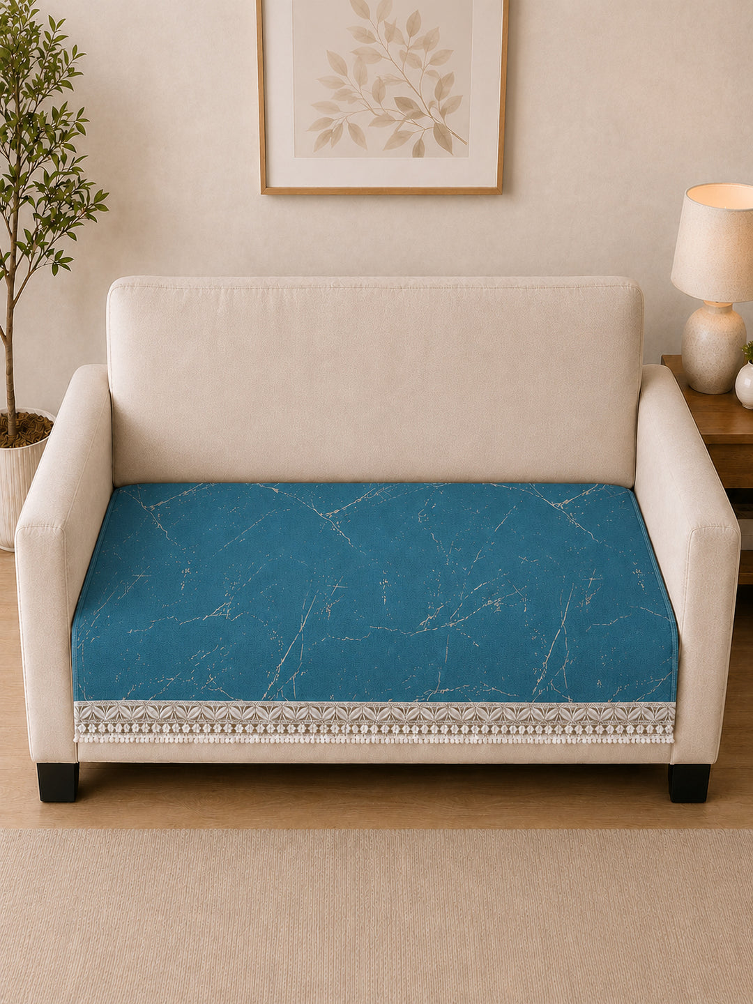 Suede Velvet Sofa Mat 2 Seater | Marble Luxe - Aqua Blue