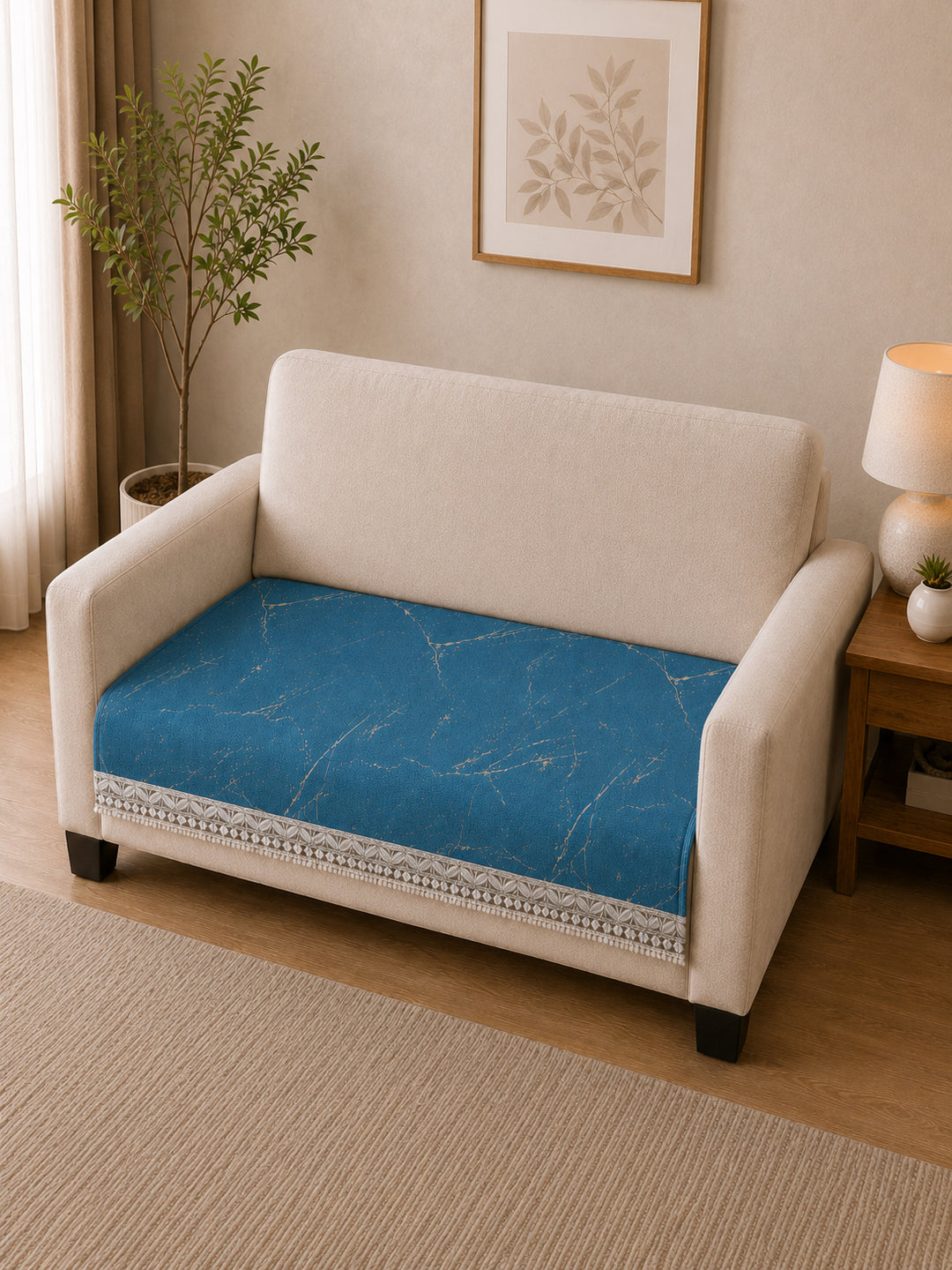 Suede Velvet Sofa Mat 2 Seater | Marble Luxe - Aqua Blue