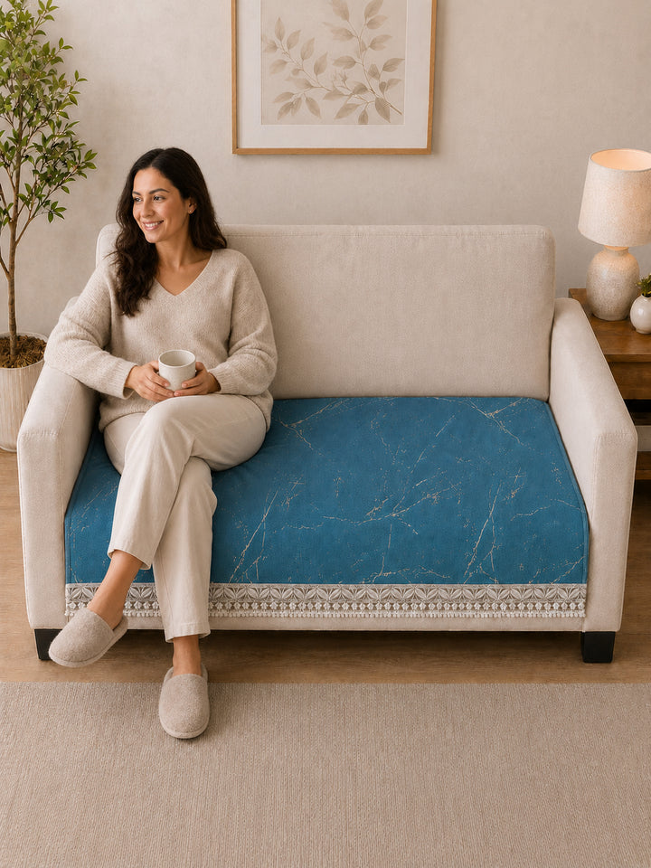 Suede Velvet Sofa Mat 2 Seater | Marble Luxe - Aqua Blue