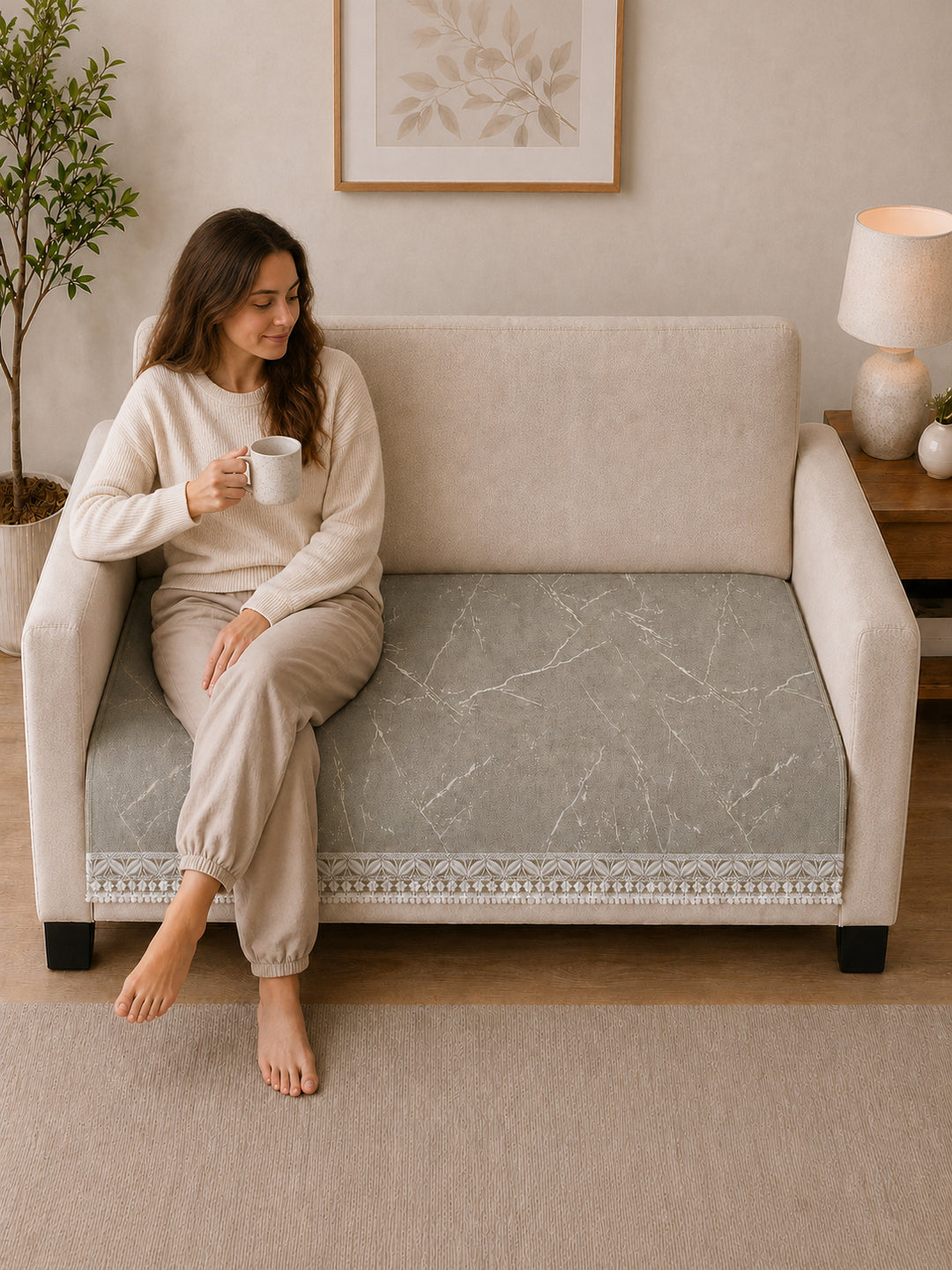 Suede Velvet Sofa Mat 2 Seater | Marble Luxe - Stone Beige