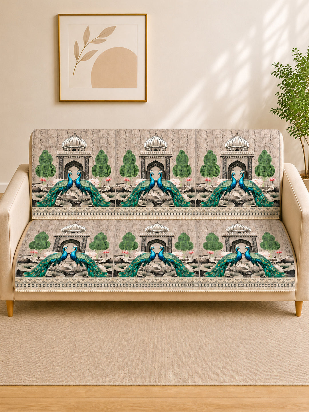 Suede Velvet Sofa Mat 3 Seater Back & Seat | Peacock - Ivory Beige