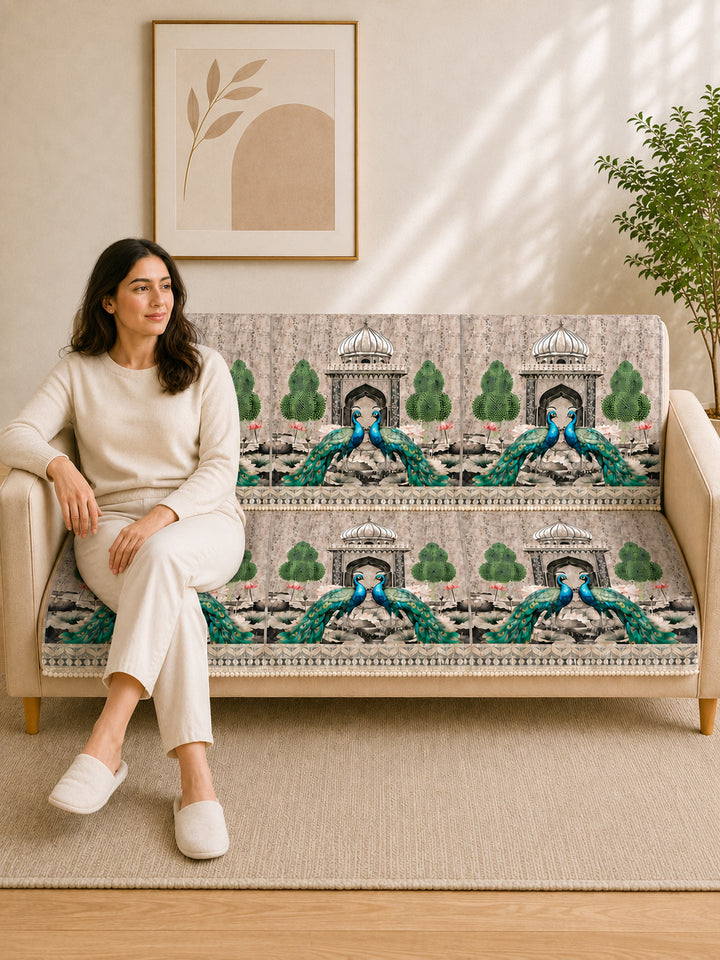 Suede Velvet Sofa Mat 3 Seater Back & Seat | Peacock - Ivory Beige