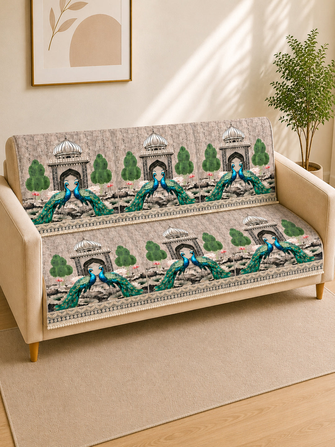 Suede Velvet Sofa Mat 3 Seater Back & Seat | Peacock - Ivory Beige