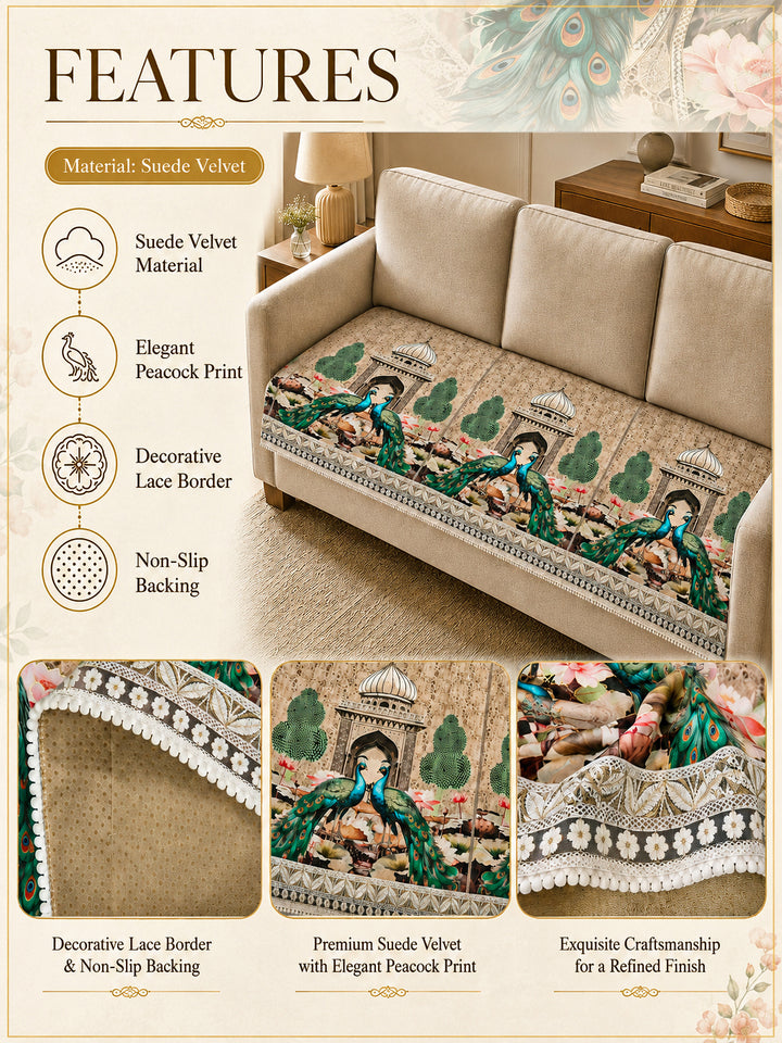 Suede Velvet Sofa Mat 3 Seater Back & Seat | Peacock - Ivory Beige