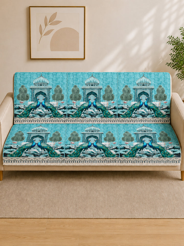 Suede Velvet Sofa Mat 3 Seater Back & Seat | Peacock - Aqua Mist