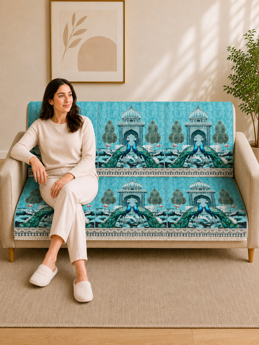 Suede Velvet Sofa Mat 3 Seater Back & Seat | Peacock - Aqua Mist