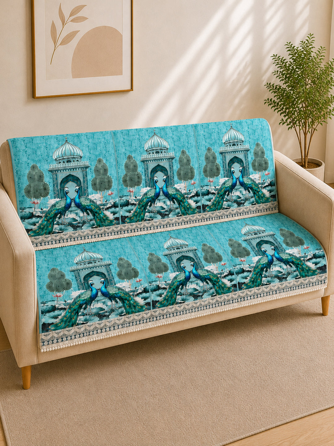 Suede Velvet Sofa Mat 3 Seater Back & Seat | Peacock - Aqua Mist