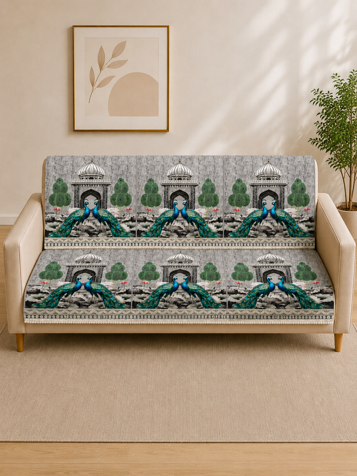 Suede Velvet Sofa Mat 3 Seater Back & Seat | Peacock - Silver Pearl