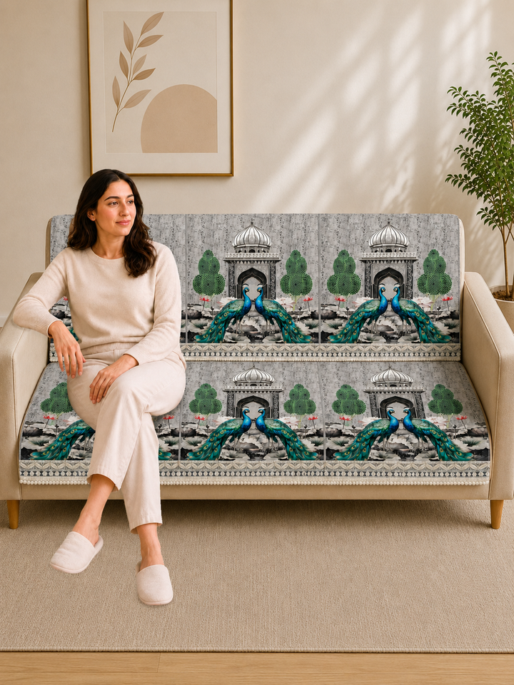 Suede Velvet Sofa Mat 3 Seater Back & Seat | Peacock - Silver Pearl