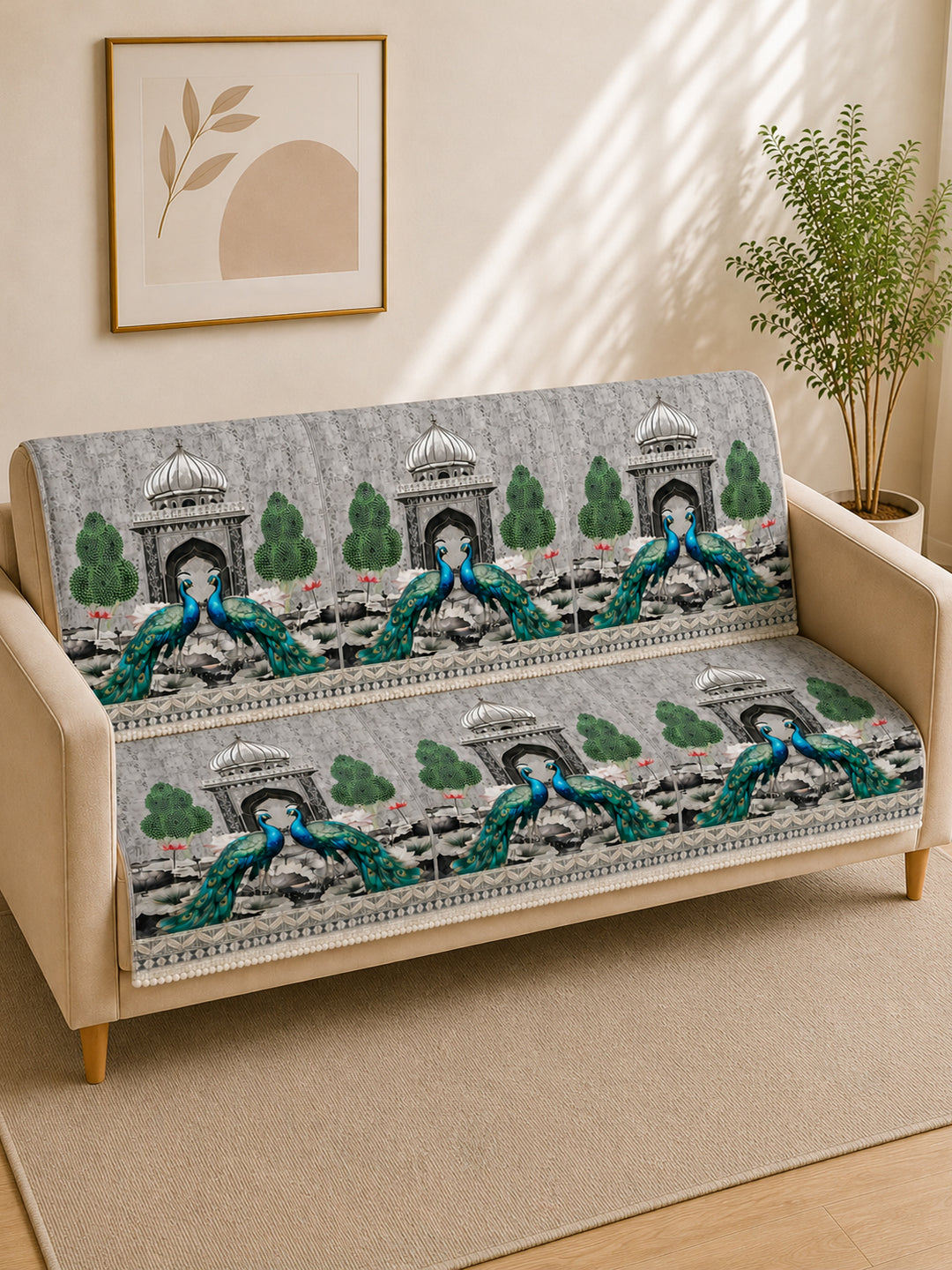 Suede Velvet Sofa Mat 3 Seater Back & Seat | Peacock - Silver Pearl