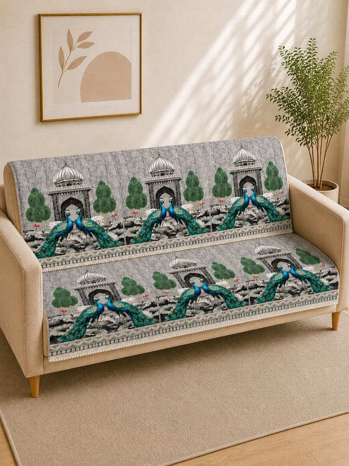 Suede Velvet Sofa Mat 3 Seater Back & Seat | Peacock - Silver Pearl