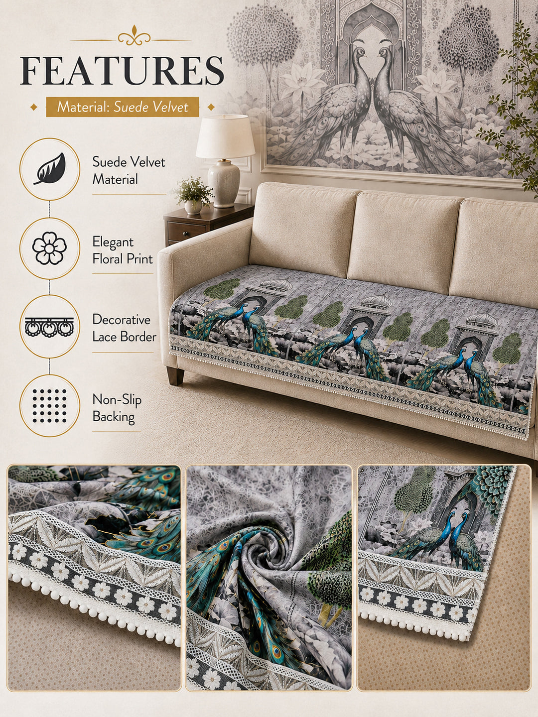 Suede Velvet Sofa Mat 3 Seater Back & Seat | Peacock - Silver Pearl