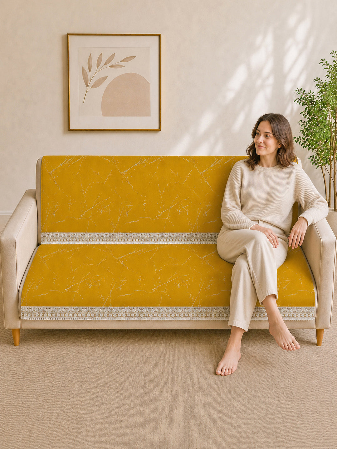 Suede Velvet Sofa Mat 3 Seater Back & Seat | Luxe Mustard Gold