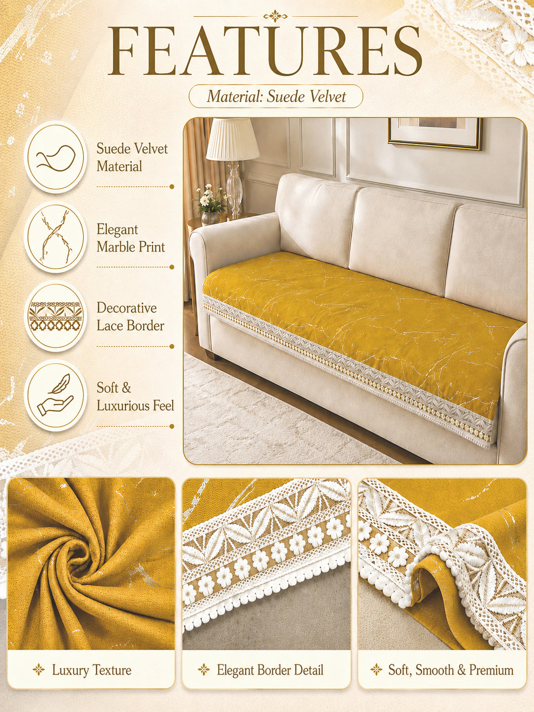 Suede Velvet Sofa Mat 3 Seater Back & Seat | Luxe Mustard Gold