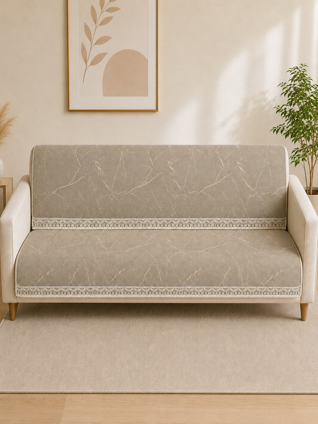 Suede Velvet Sofa Mat 3 Seater Back & Seat | Luxe Stone Beige