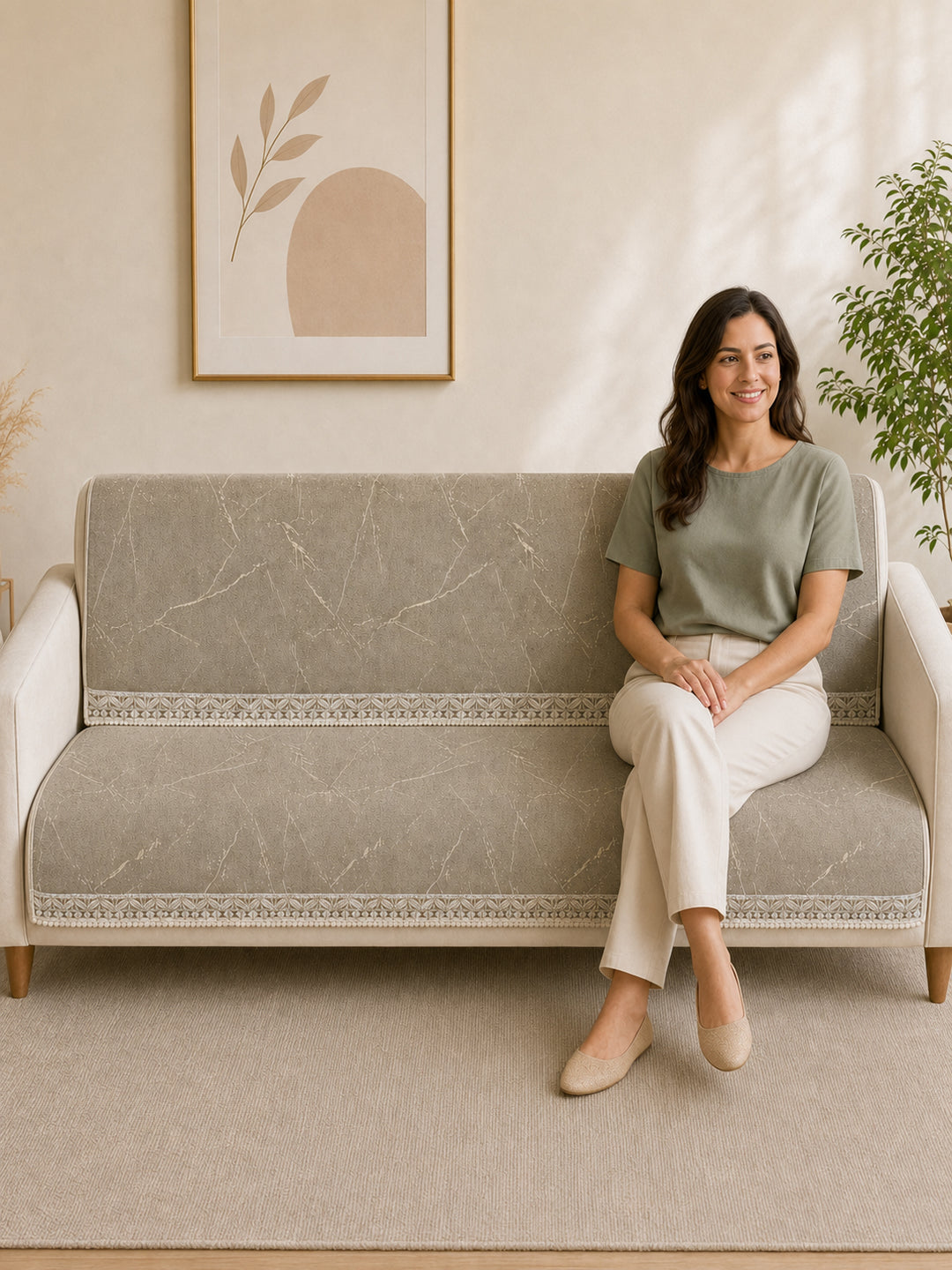 Suede Velvet Sofa Mat 3 Seater Back & Seat | Luxe Stone Beige