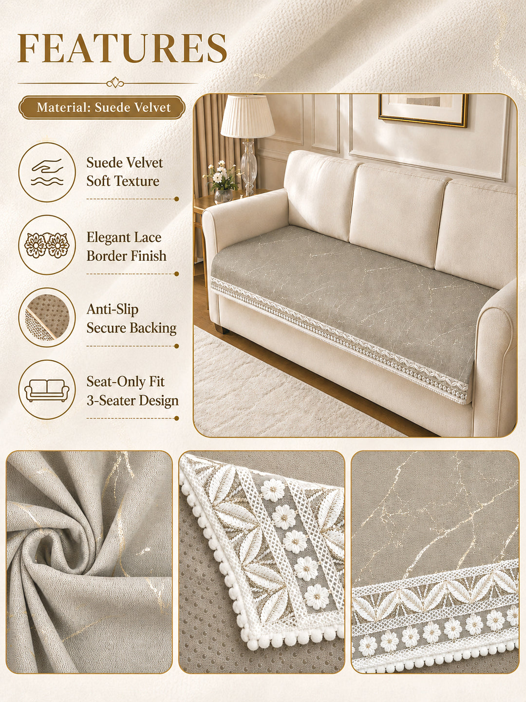 Suede Velvet Sofa Mat 3 Seater Back & Seat | Luxe Stone Beige
