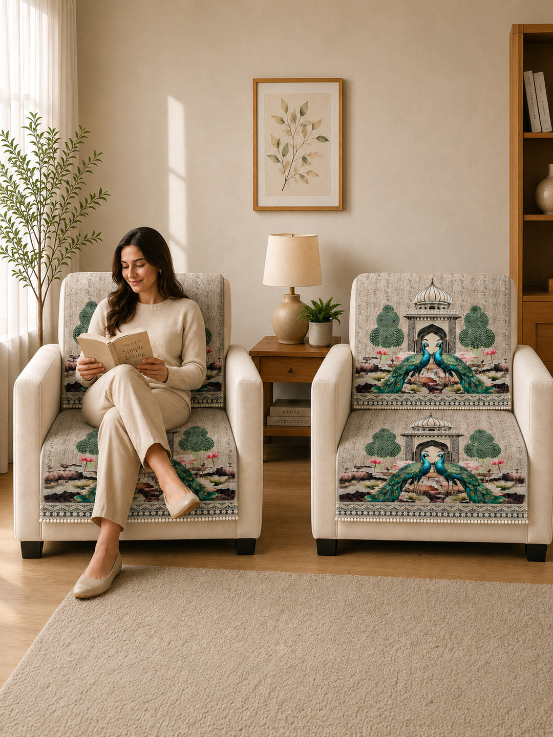 Velvet Sofa Mat 1 Seater Back & Seat | Royal Peacock - Ivory Beige