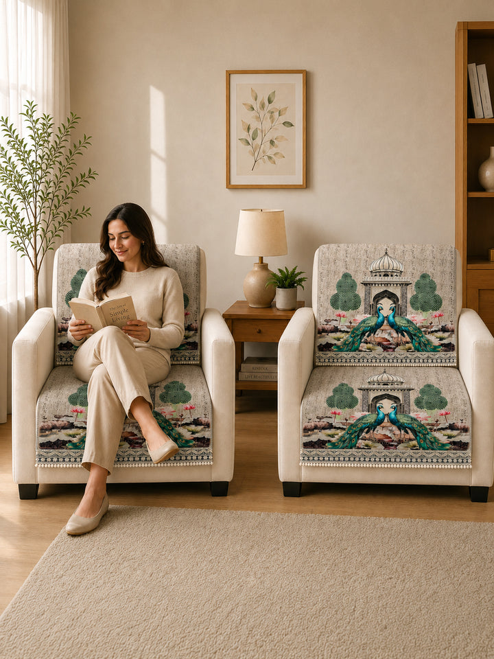 Velvet Sofa Mat 1 Seater Back & Seat | Royal Peacock - Ivory Beige