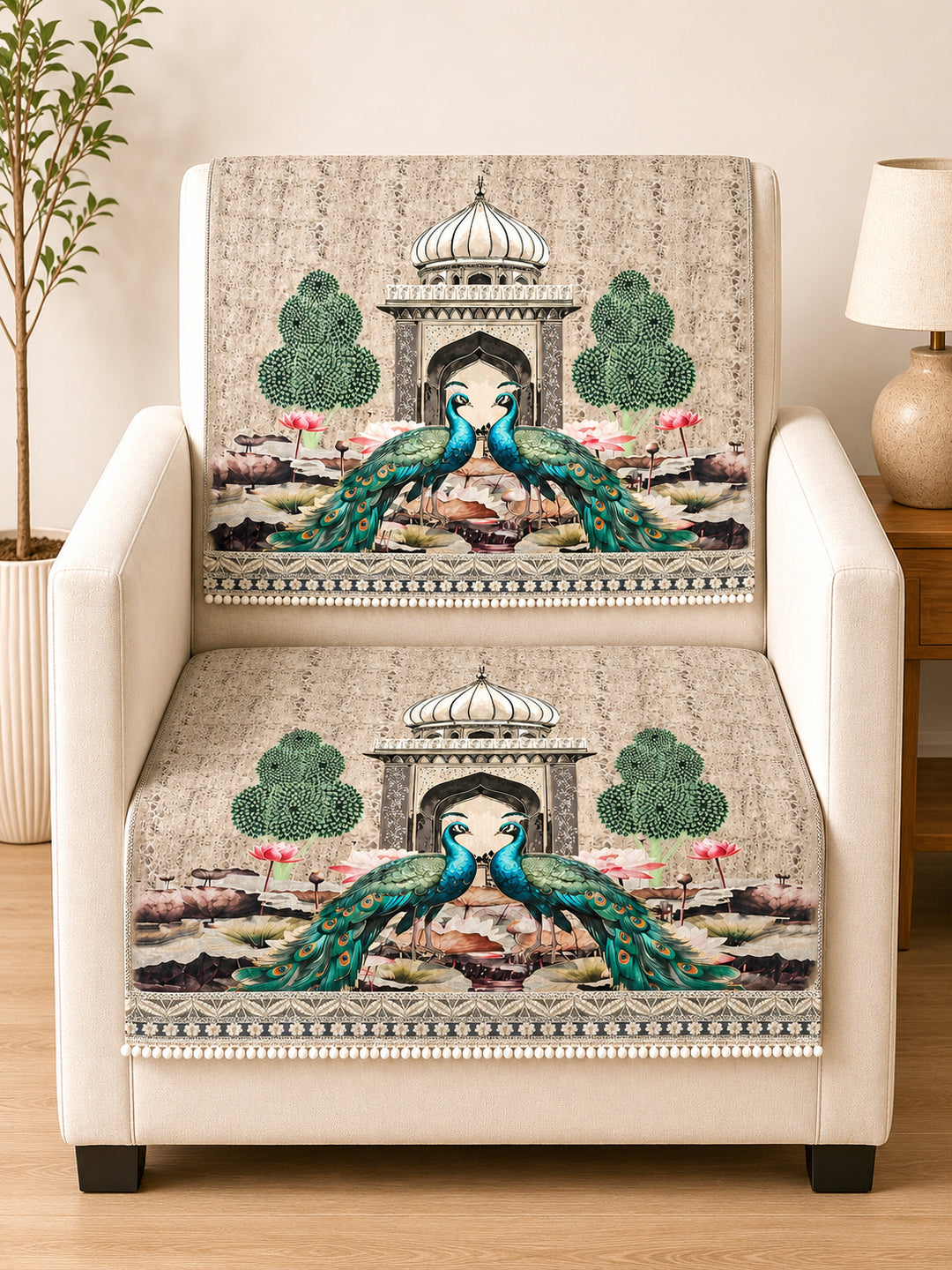 Velvet Sofa Mat 1 Seater Back & Seat | Royal Peacock - Ivory Beige