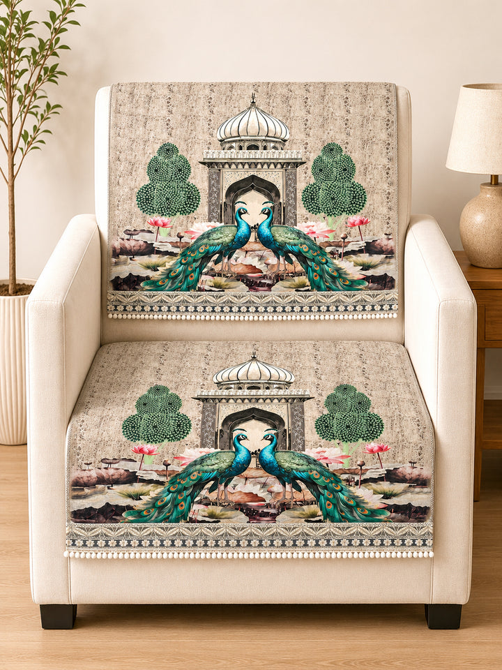 Velvet Sofa Mat 1 Seater Back & Seat | Royal Peacock - Ivory Beige