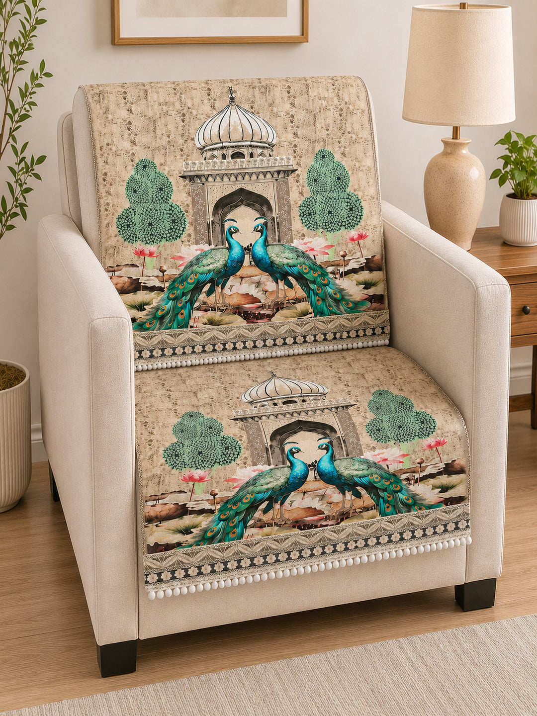 Velvet Sofa Mat 1 Seater Back & Seat | Royal Peacock - Ivory Beige