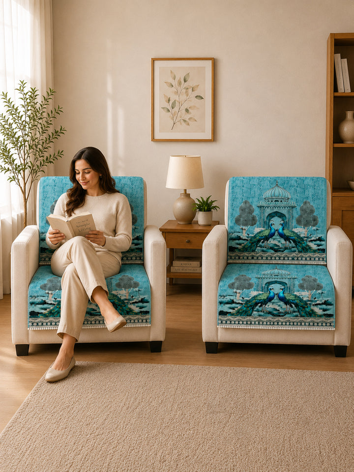 Velvet Sofa Mat 1 Seater Back & Seat | Royal Peacock - Aqua Mist