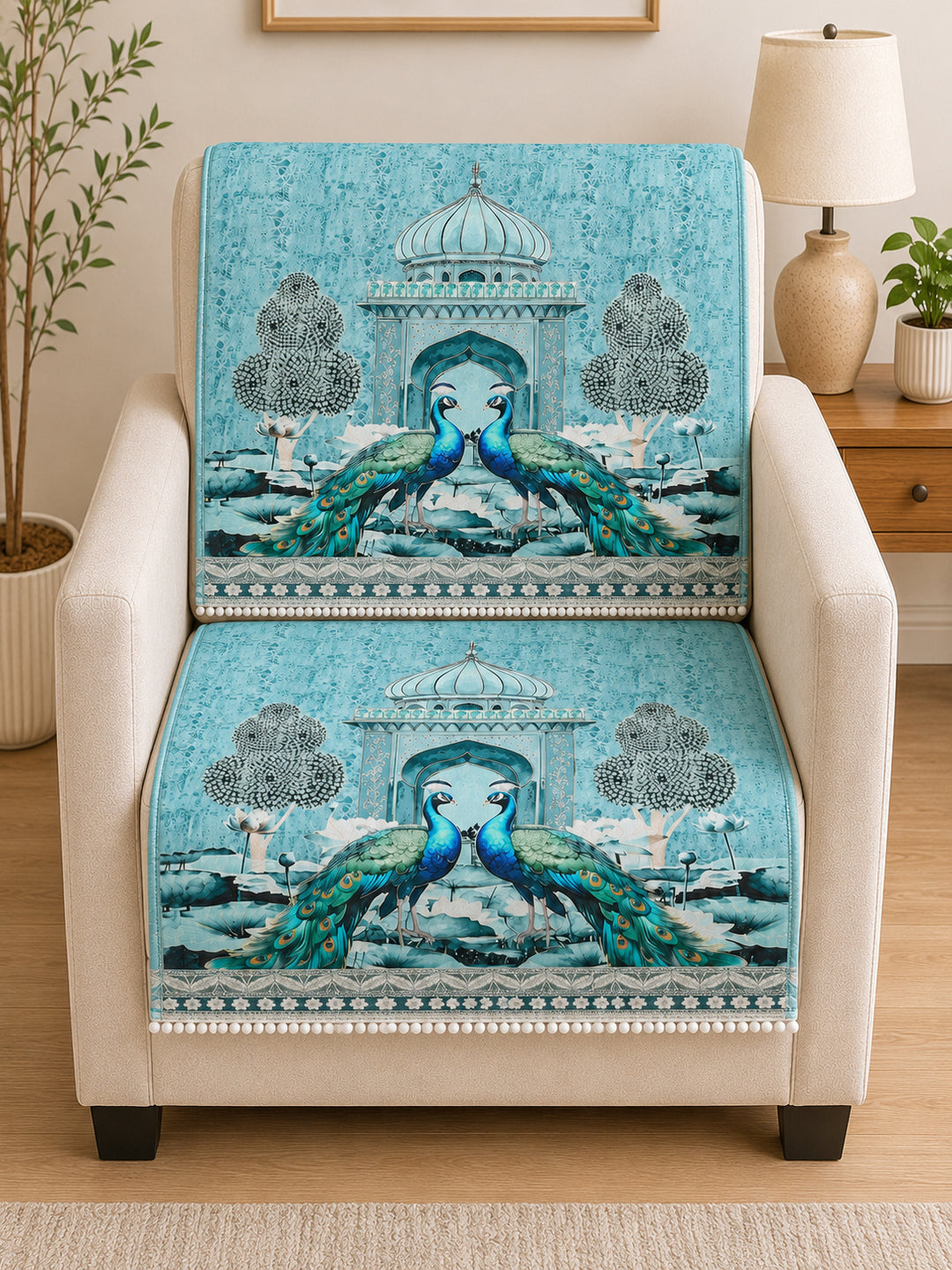 Velvet Sofa Mat 1 Seater Back & Seat | Royal Peacock - Aqua Mist