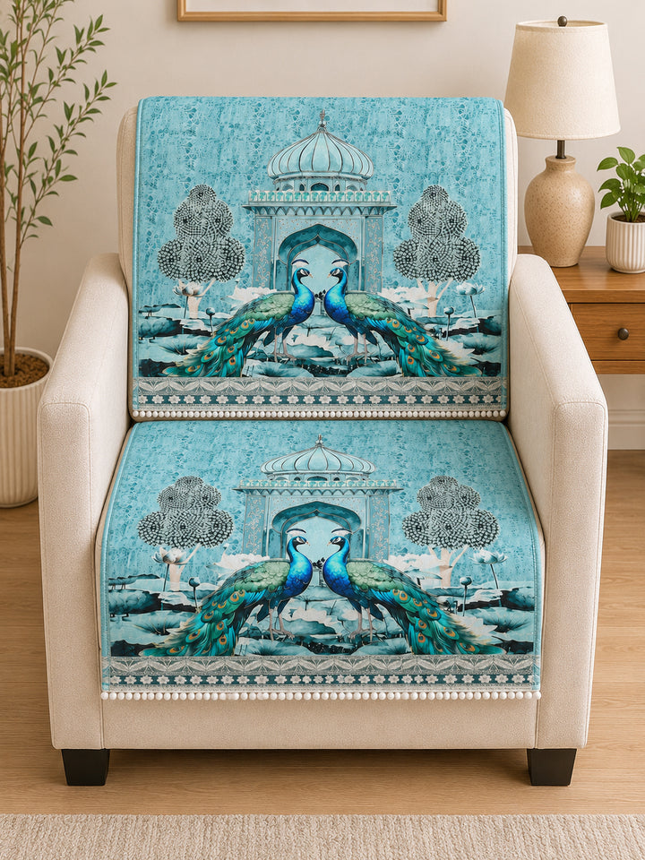 Velvet Sofa Mat 1 Seater Back & Seat | Royal Peacock - Aqua Mist