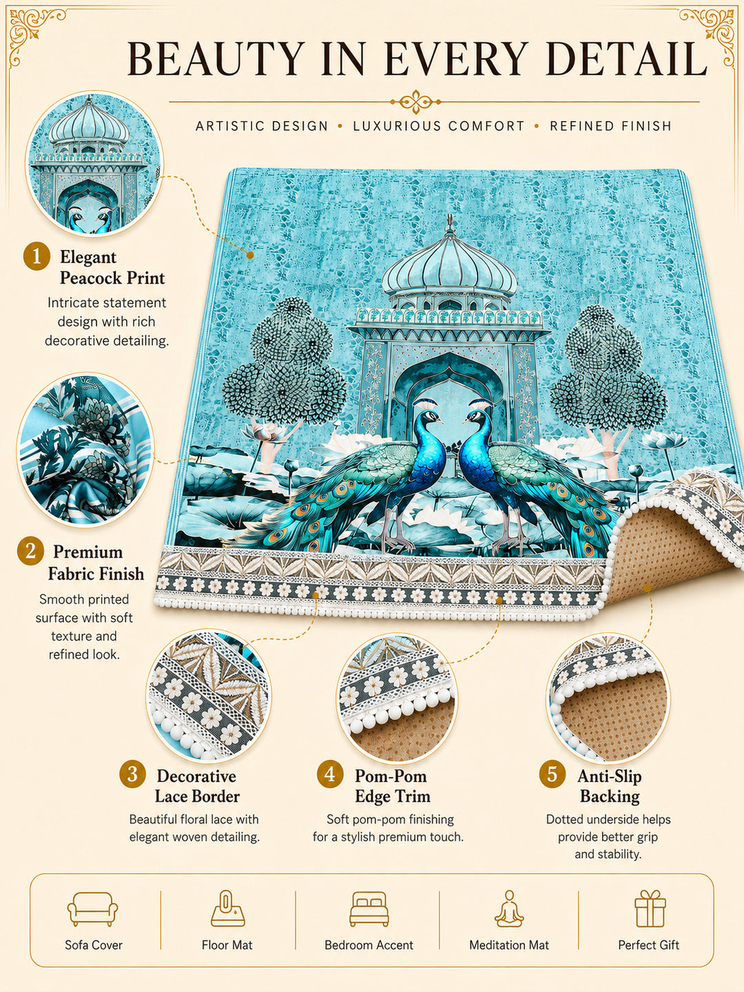 Velvet Sofa Mat 1 Seater Back & Seat | Royal Peacock - Aqua Mist