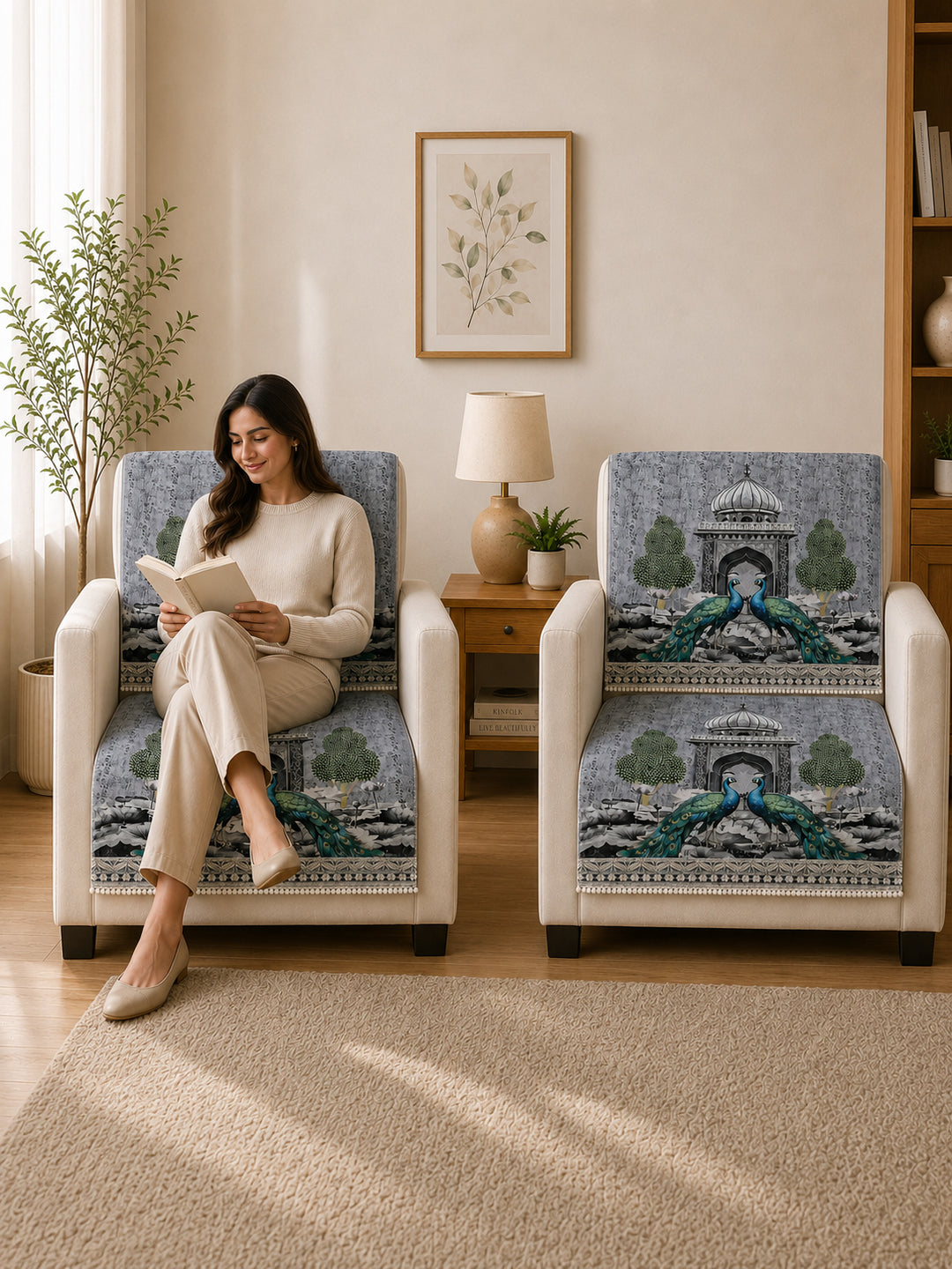 Velvet Sofa Mat 1 Seater Back & Seat | Royal Peacock - Silver Pearl